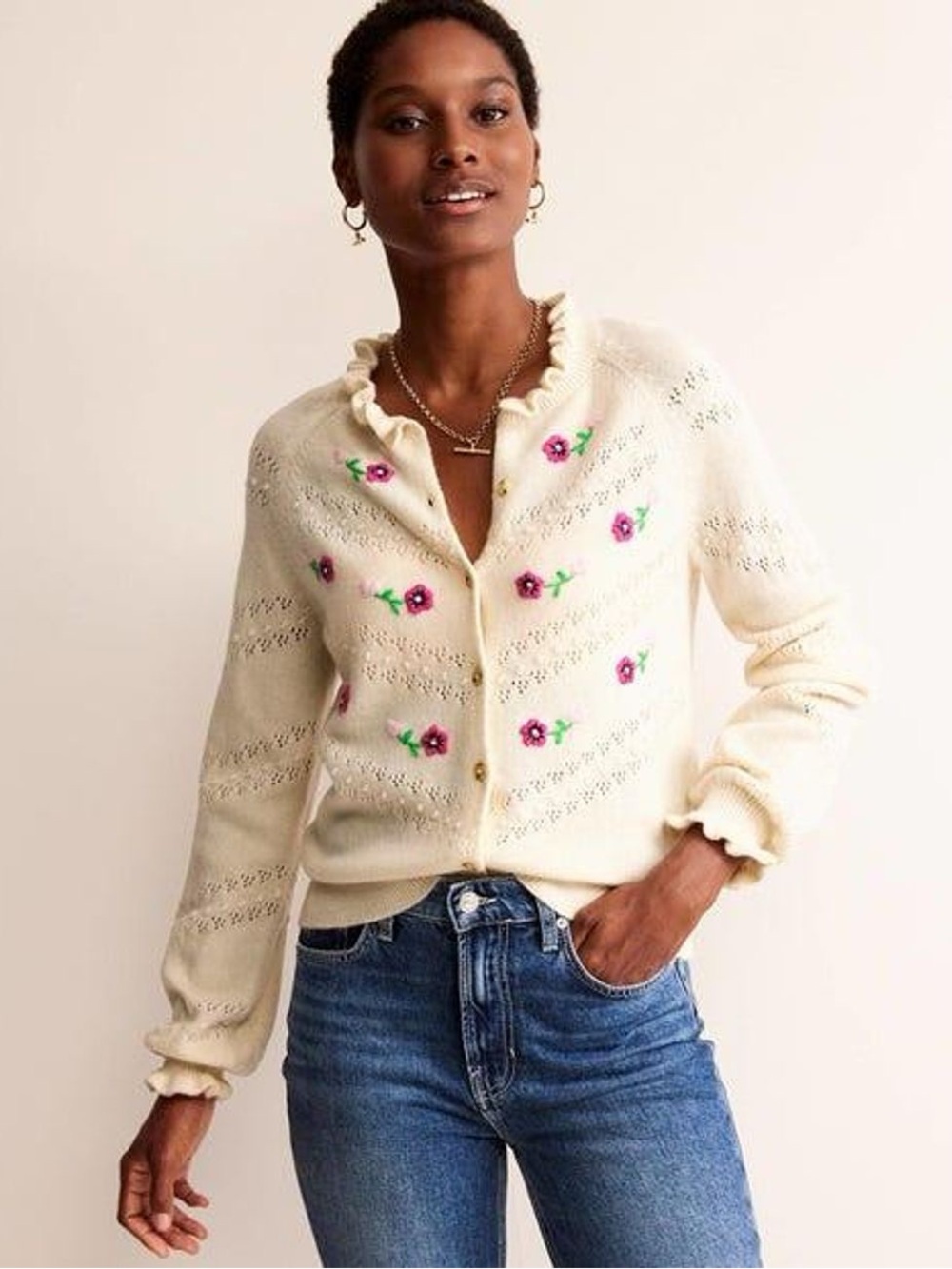 Boden Cream Ruffle Collar sweater Cardigan with Pink Floral Embroidery large